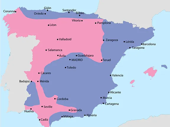 The Spanish Civil War in Andalucia - Spain Divided September 1936 Nationalists - Pink Republicans - Blue