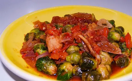 Stir Fry Brussel Sprouts with Ginger, Tomatoes and Coriander